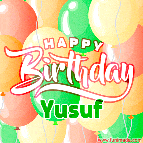 Happy Birthday Image for Yusuf. Colorful Birthday Balloons GIF Animation.