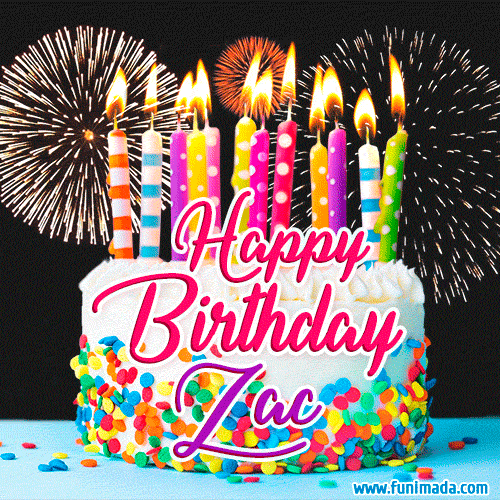 Amazing Animated GIF Image for Zac with Birthday Cake and Fireworks