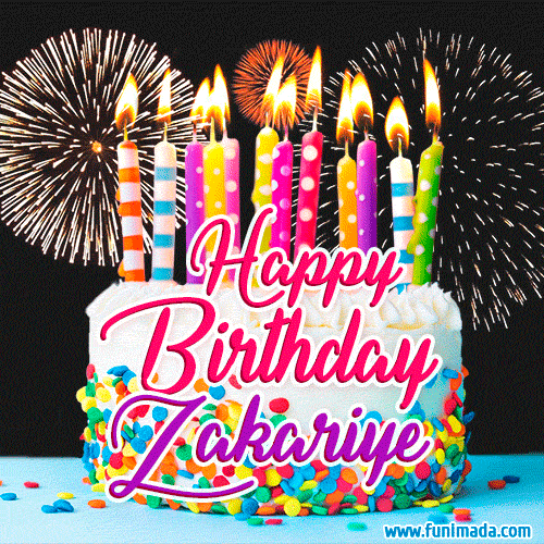 Amazing Animated GIF Image for Zakariye with Birthday Cake and Fireworks
