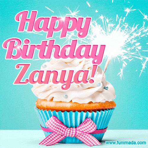 Happy Birthday Zanya! Elegang Sparkling Cupcake GIF Image.