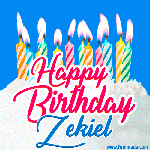 Happy Birthday GIF for Zekiel with Birthday Cake and Lit Candles