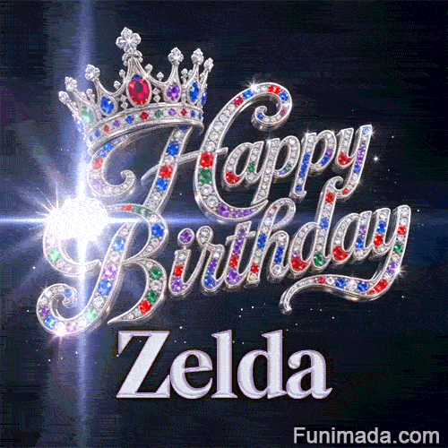 Cursive script encrusted with diamonds and multicolored jewels below a silver crown, made for Zelda's birthday.