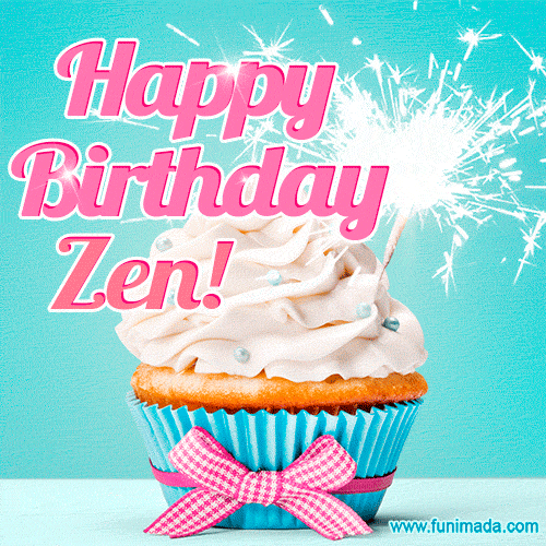 Happy Birthday Zen! Elegang Sparkling Cupcake GIF Image.