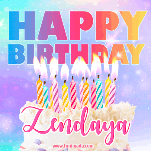 Animated Happy Birthday Cake with Name Zendaya and Burning Candles