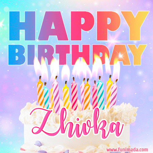 Animated Happy Birthday Cake with Name Zhivka and Burning Candles