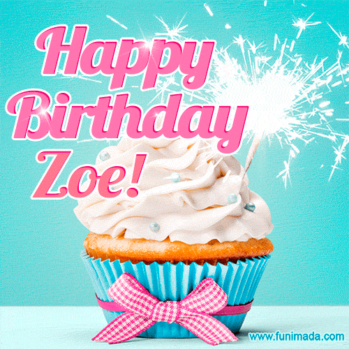 Happy Birthday Zoe! Elegang Sparkling Cupcake GIF Image.