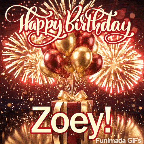 Spectacular golden fireworks exploding in the night sky behind a bundle of red and gold metallic balloons personalized for Zoey.