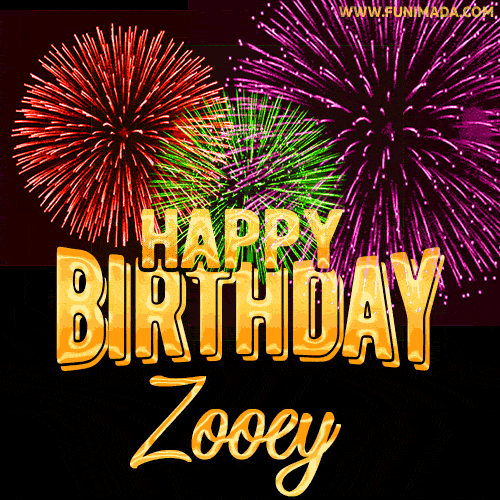 Wishing You A Happy Birthday, Zooey! Best fireworks GIF animated greeting card.