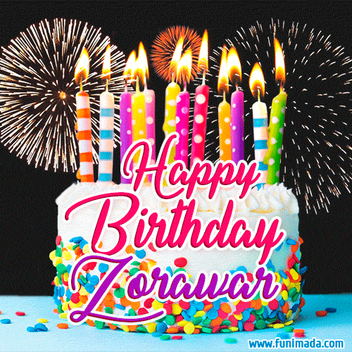 Amazing Animated GIF Image for Zorawar with Birthday Cake and Fireworks