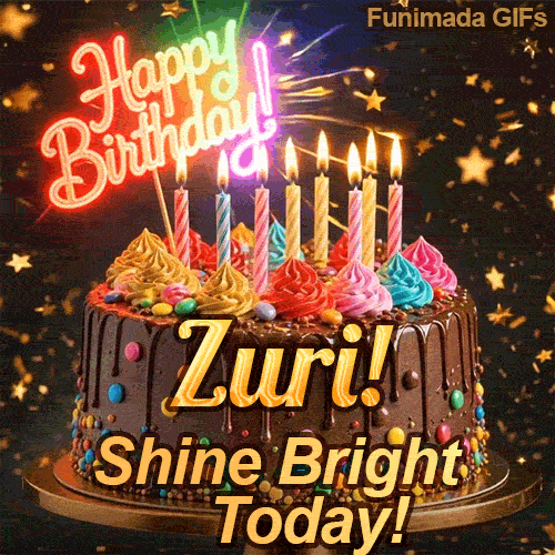 Burning birthday candles on top of a chocolate drip cake with the text Shine Bright Today! at the base, custom-designed for Zuri.