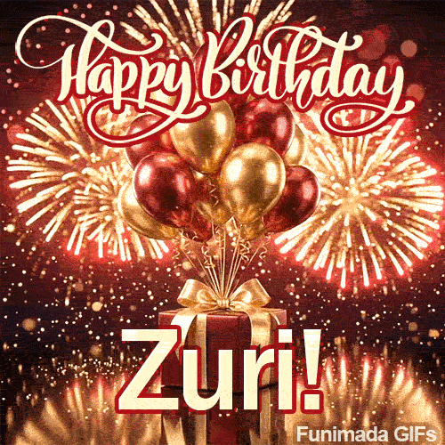 Exploding fireworks in gold and red above a gift box with the text Zuri in bold lettering, custom-designed for her.