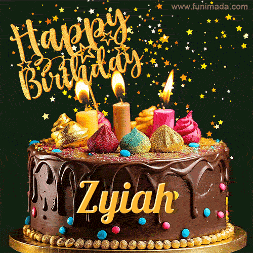 A delightful chocolate birthday cake with bright candles and 'Happy Birthday Zyiah' written in gold amidst a shower of animated stars.