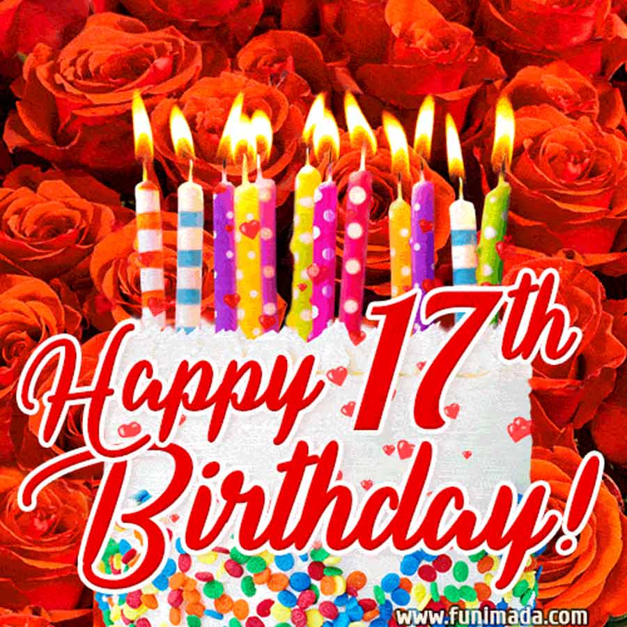 Birthday Cake and Red Roses 17th B-Day Card - Download on Funimada.com