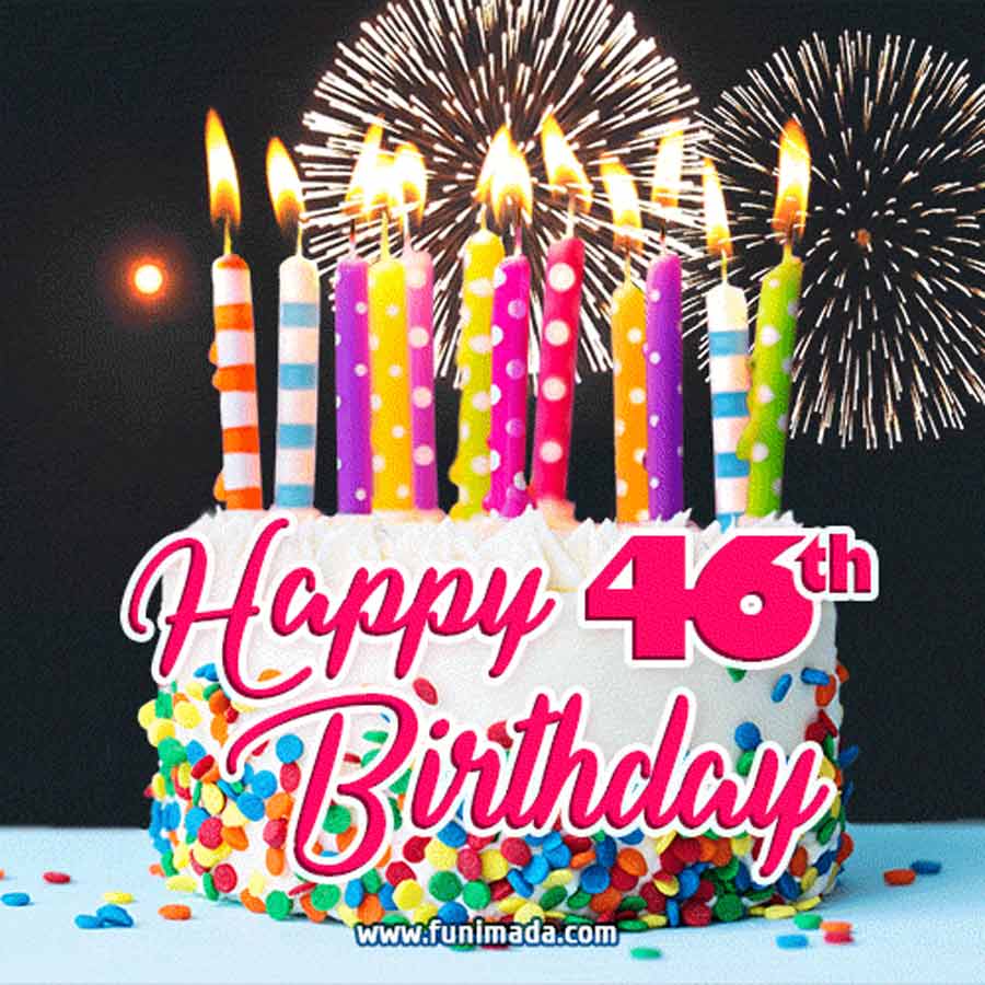 46th Birthday Greeting Card with a Cake and Fireworks - Download on ...