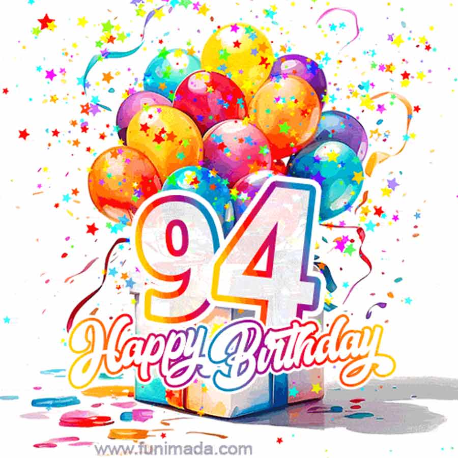 Vibrant 94th Birthday GIF with Balloons and Confetti - Download on ...