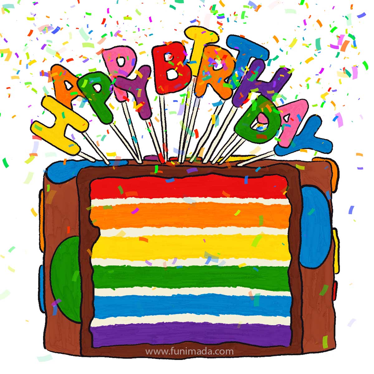 Wishing you happiness and joy! Happy Birthday! Rainbow birthday cake eCard.