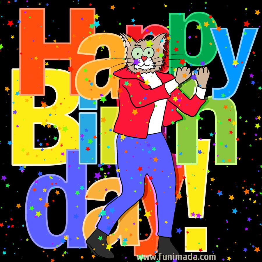 Dancing Birthday Greeting Card. Cartoon Cat Dance on festive and colorful background.