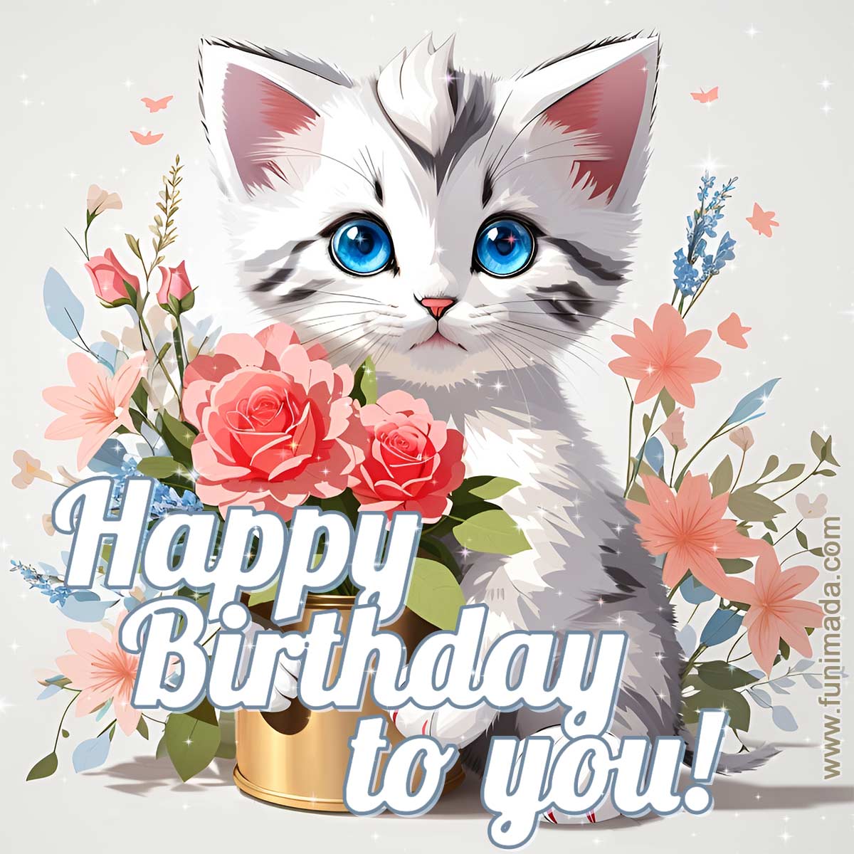 Cute kitten with flowers happy birthday image