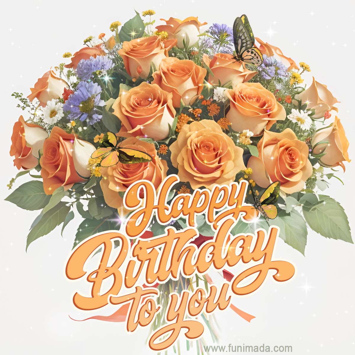 Elegant bouquet of orange roses and summer flowers happy birthday card