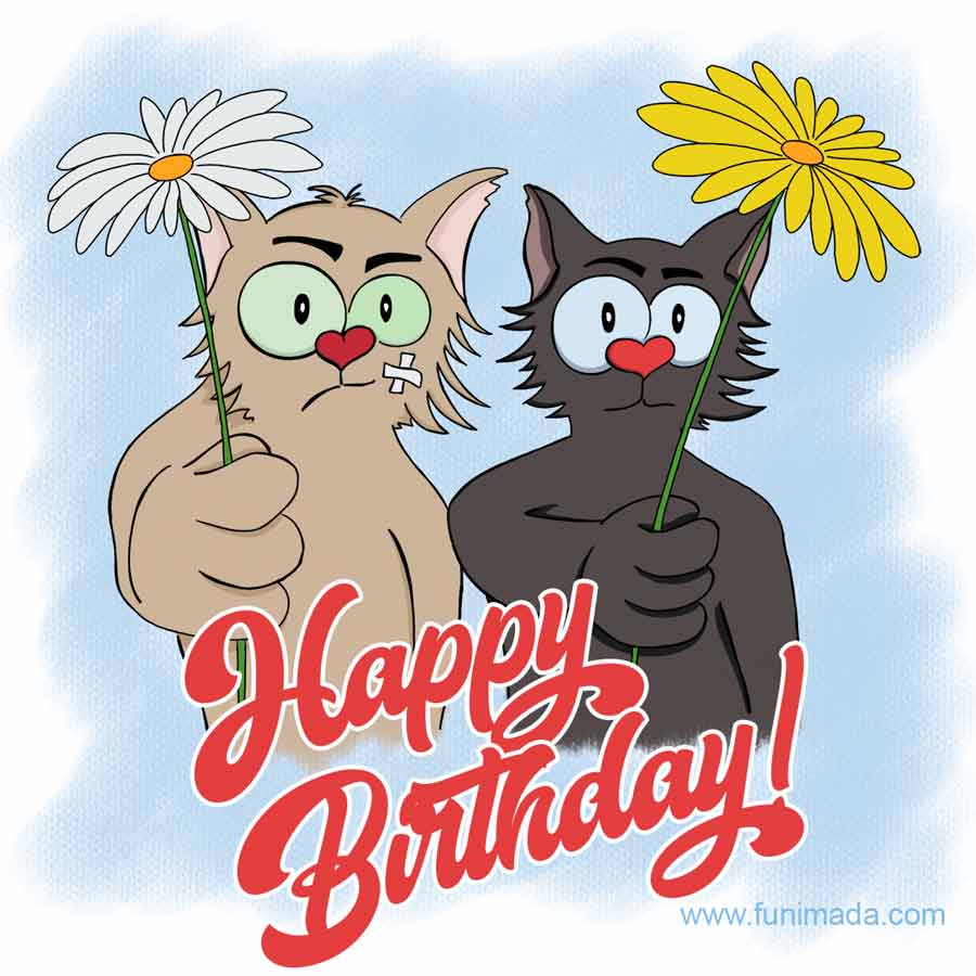 Two funny hand drawn cats. Happy birthday image inspired by The Pulp Fiction movie.