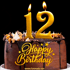 12 Birthday Chocolate Cake with Gold Glitter Number 12 Candles (GIF)
