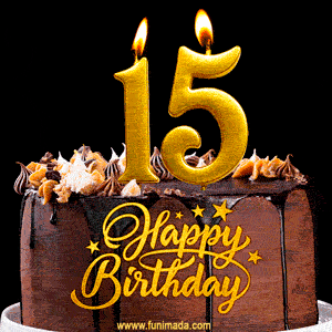 15 Birthday Chocolate Cake with Gold Glitter Number 15 Candles (GIF)