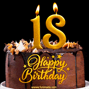 18 Birthday Chocolate Cake with Gold Glitter Number 18 Candles (GIF)