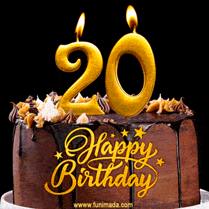 20 Birthday Chocolate Cake with Gold Glitter Number 20 Candles (GIF)