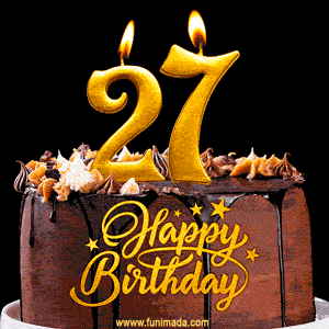 27 Birthday Chocolate Cake with Gold Glitter Number 27 Candles (GIF)
