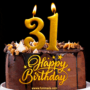 31 Birthday Chocolate Cake with Gold Glitter Number 31 Candles (GIF)