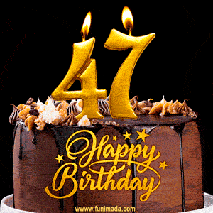 47 Birthday Chocolate Cake with Gold Glitter Number 47 Candles (GIF)