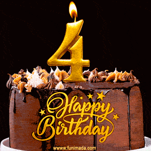 4th Birthday Chocolate Cake with Gold Glitter Number 4 Candle (GIF)
