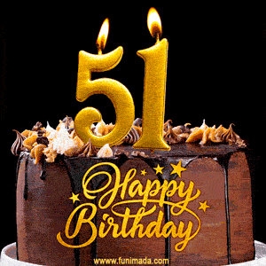51 Birthday Chocolate Cake with Gold Glitter Number 51 Candles (GIF)