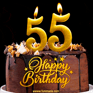 55 Birthday Chocolate Cake with Gold Glitter Number 55 Candles (GIF)