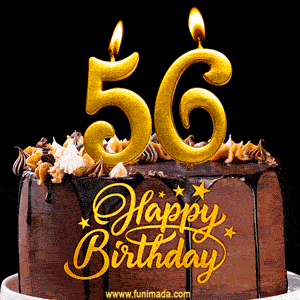 56 Birthday Chocolate Cake with Gold Glitter Number 56 Candles (GIF)