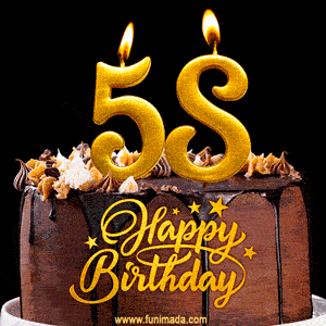 58 Birthday Chocolate Cake with Gold Glitter Number 58 Candles (GIF)