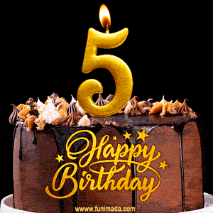 5th Birthday Chocolate Cake with Gold Glitter Number 5 Candle (GIF)
