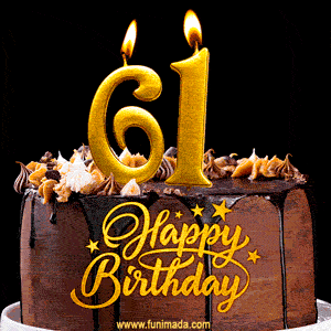 61 Birthday Chocolate Cake with Gold Glitter Number 61 Candles (GIF)