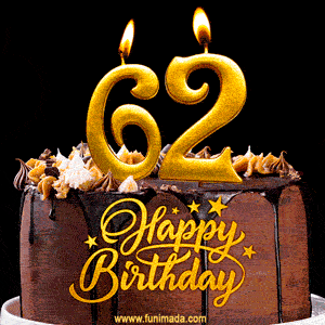 62 Birthday Chocolate Cake with Gold Glitter Number 62 Candles (GIF)