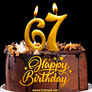67 Birthday Chocolate Cake with Gold Glitter Number 67 Candles (GIF)