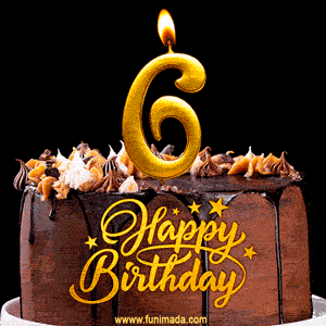 6th Birthday Chocolate Cake with Gold Glitter Number 6 Candle (GIF)