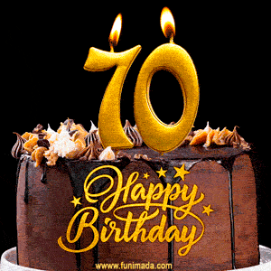 70 Birthday Chocolate Cake with Gold Glitter Number 70 Candles (GIF)