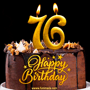 76 Birthday Chocolate Cake with Gold Glitter Number 76 Candles (GIF)