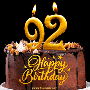 92 Birthday Chocolate Cake with Gold Glitter Number 92 Candles (GIF)