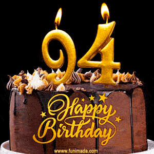 94 Birthday Chocolate Cake with Gold Glitter Number 94 Candles (GIF)
