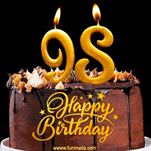 98 Birthday Chocolate Cake with Gold Glitter Number 98 Candles (GIF)