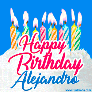 Happy Birthday GIF for Alejandro with Birthday Cake and Lit Candles
