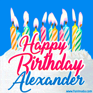 Happy Birthday GIF for Alexander with Birthday Cake and Lit Candles