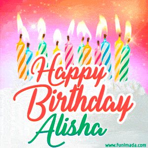 Happy Birthday GIF for Alisha with Birthday Cake and Lit Candles