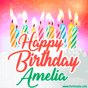 Happy Birthday GIF for Amelia with Birthday Cake and Lit Candles